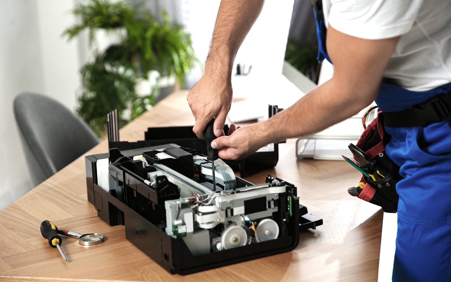 Hombre reparando impresora para un buen mantenimiento